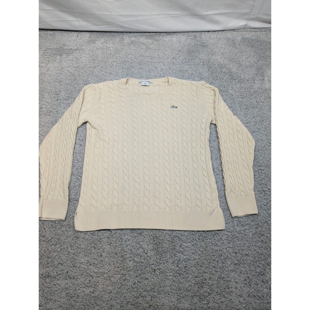 Lacoste Tight Cable Knit Sweater Fits Mens Small Cream Ivory Logo Classic Preppy